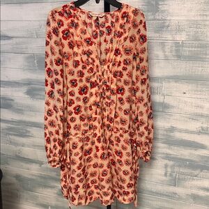 Rebecca Taylor 100% Silk Floral Dress Size 6 Long Sleeve Button Front Pink Red